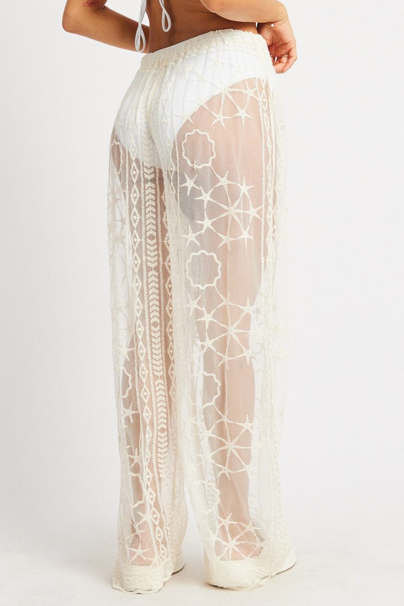 White Embroidery Beach Pants