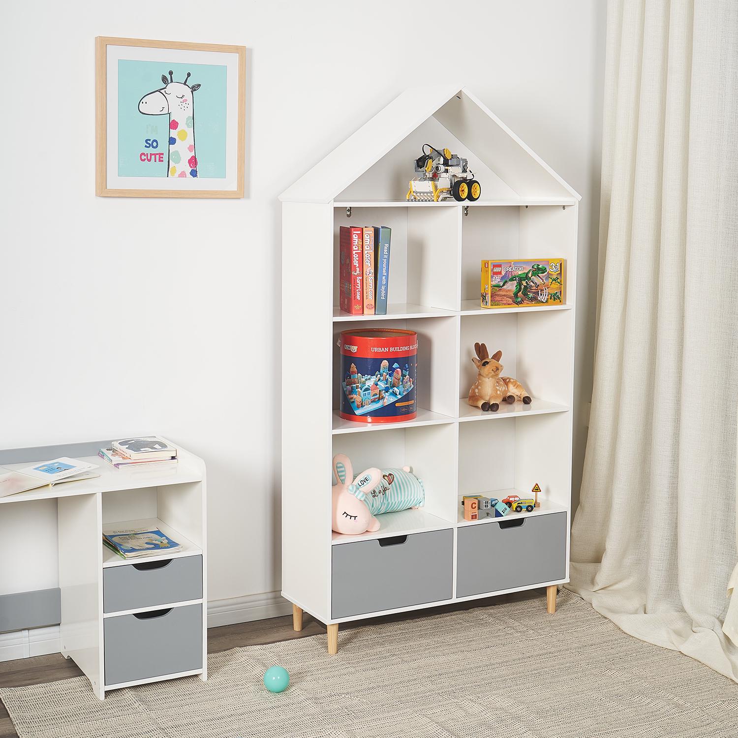 Kids Wooden 5 Shelf Bookcase， White and Gray