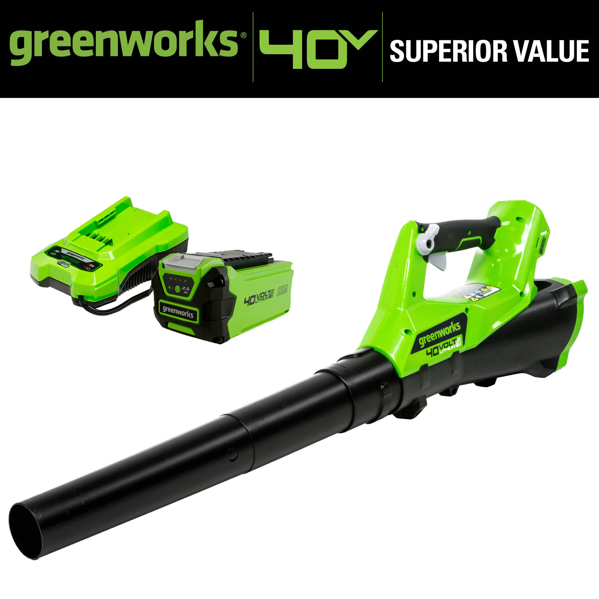 Greenworks 40V 390 CFM Cordless Leaf Blower with 2.5 Ah Battery and Charger， 2400802