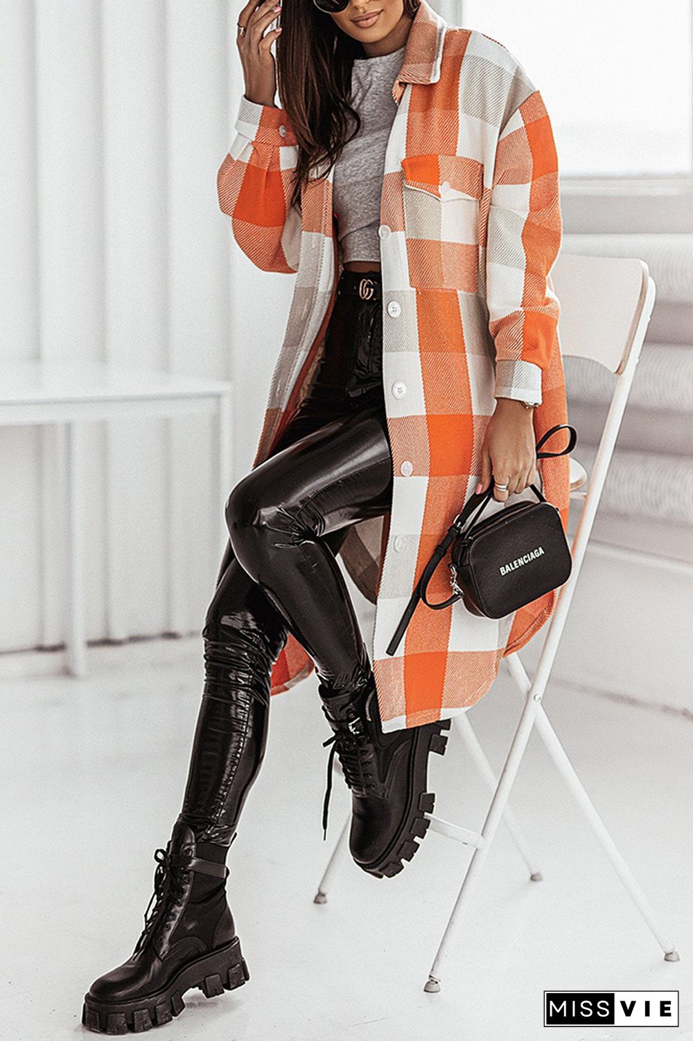 Long Length Open Button Plaid Jackets