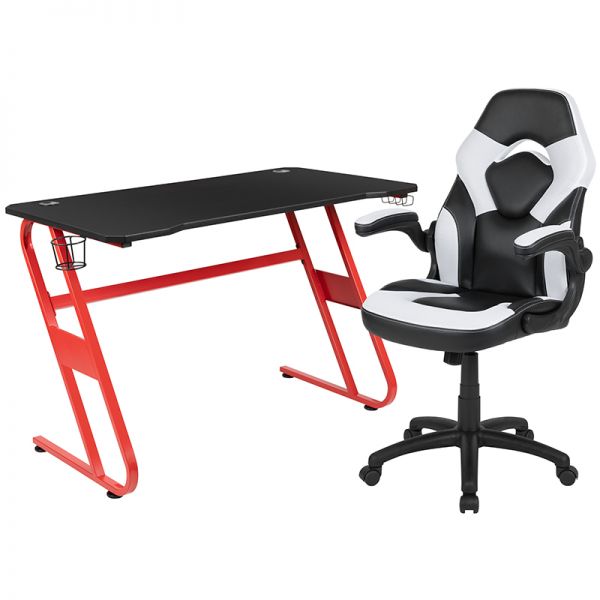 Optis Red Gaming Desk and White/Black Racing Chair Set with Cup Holder and Headphone Hook