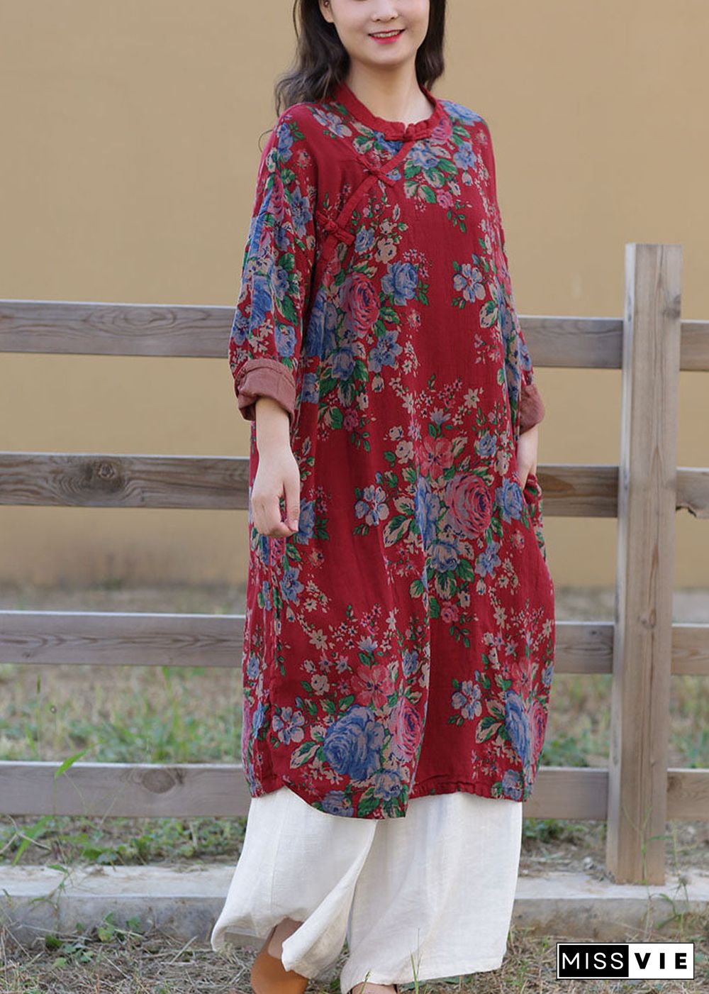 Art Red Stand Collar Print Oriental Button Cotton Long Dress Spring