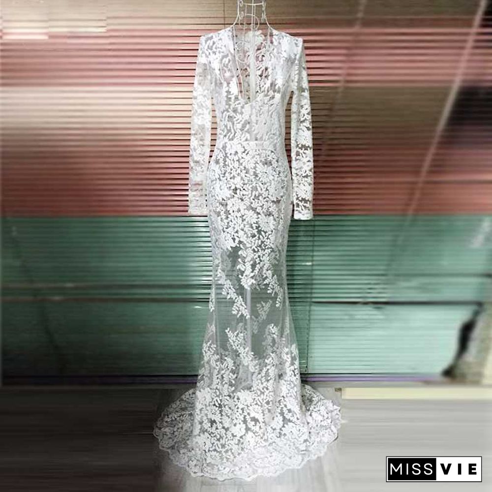 White Lace Embroidered Sheer Mesh Mermaild Formal Gowns Dress