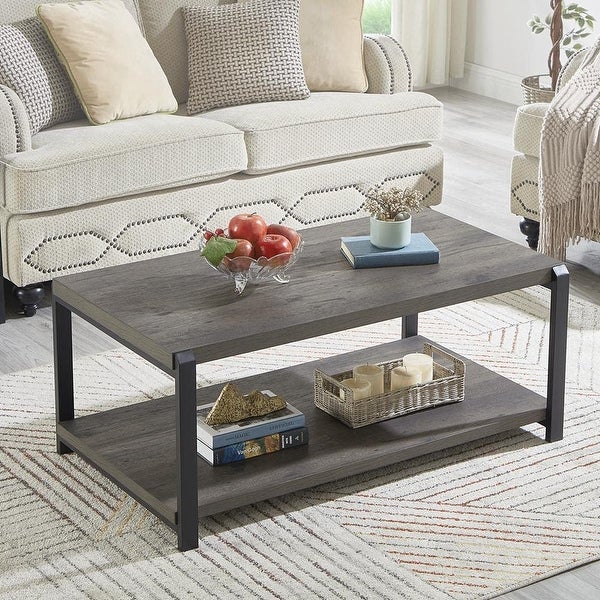 Coffee Table with Storage Shelf，Rustic Wood and Metal Cocktail Table for Living Room，Grey - as picture