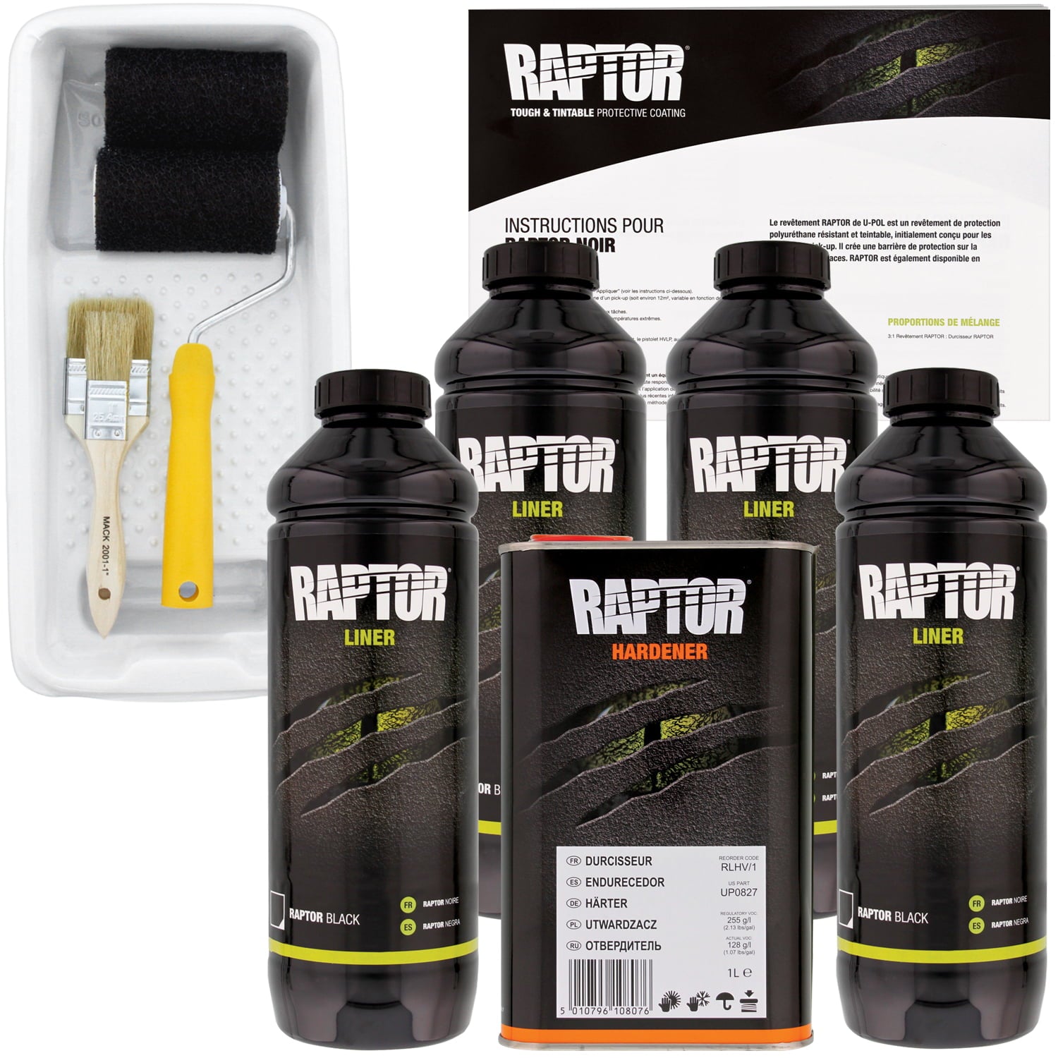 U-POL Raptor Black Urethane Spray-On Truck Bed Liner Kit w/Roller Kit， 4 Liters