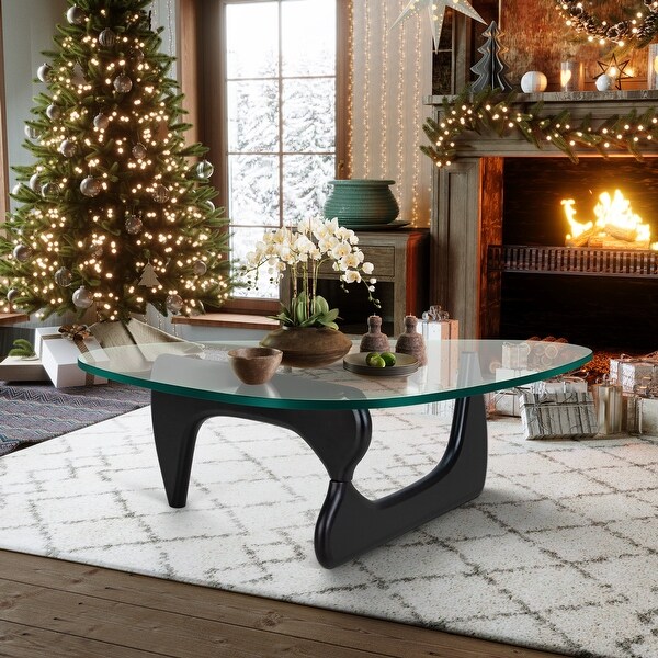 Noguchi Modern Triangle Glass Coffee Table Cherry Wood Base