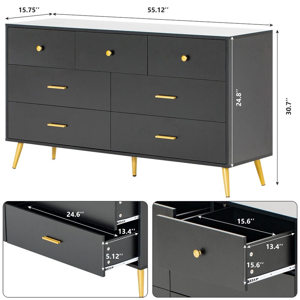 7 Drawer Dresser for Bedroom  Modern Black Wood Dresser with Wide Drawers and Metal Handles  Long Chest of Drawers