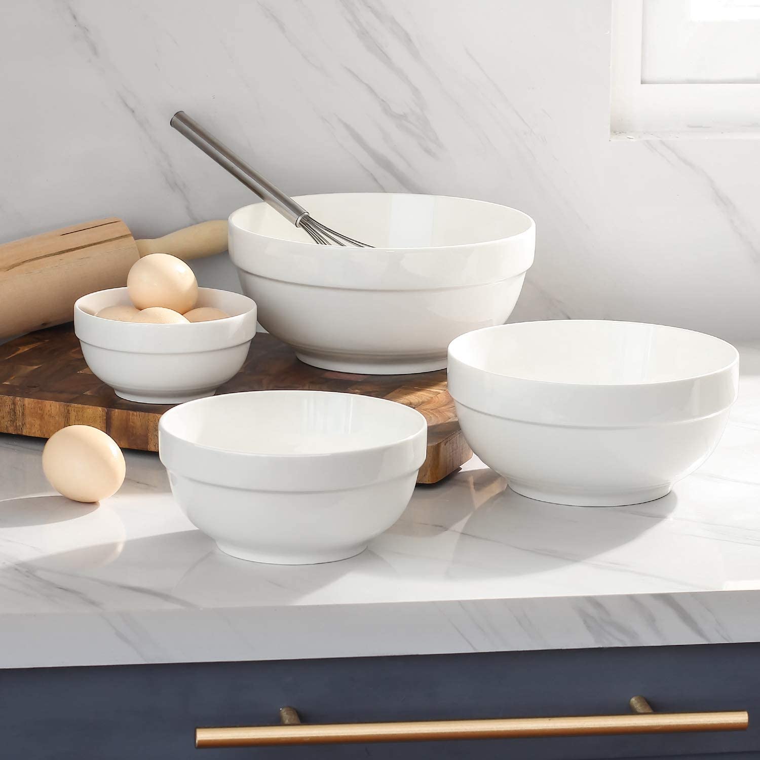 DOWAN Porcelain Serving Bowls， Large Serving Bowl Set， 64/42/22/12 Ounce White Ceramic Bowls， Prep Bowls for Kitchen， Scratch Resistant， Oven and Microwave and Dishwasher Safe