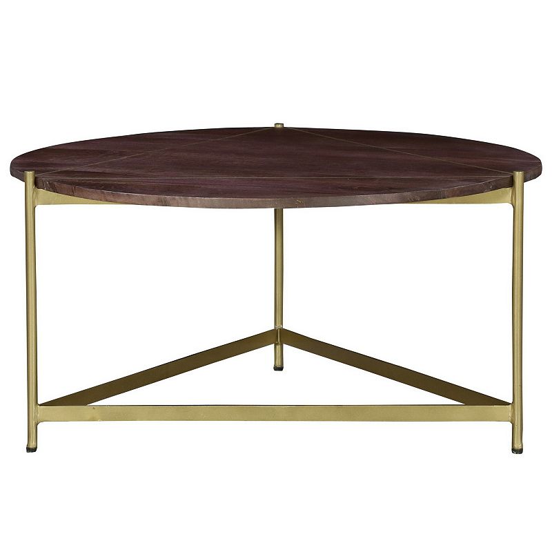 Ellis 32 Inch Round Wood Coffee Table with Brass Metal Base， Brown， Matte Gold