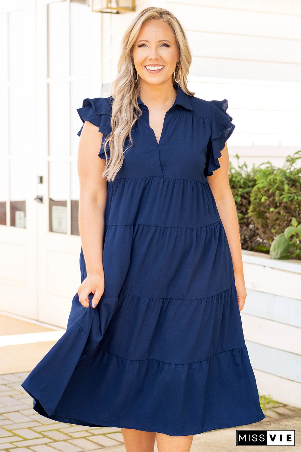 Blue Plus Size Ruffled Tiered A-line Midi Dress