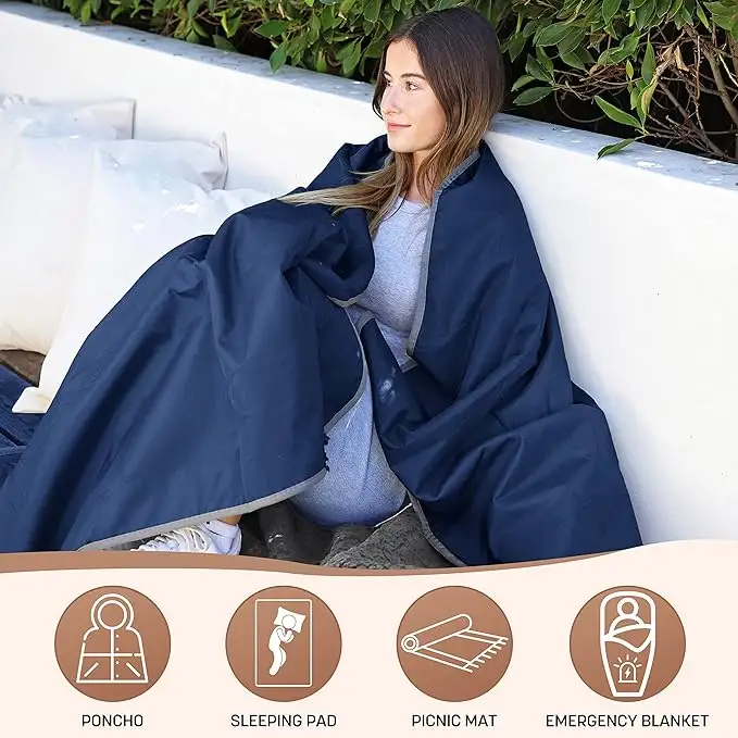 Waterproof Outdoor Blanket with Sherpa Lining Windproof Triple Layers Warm Comfy Foldable for Camping Stadium Reversible