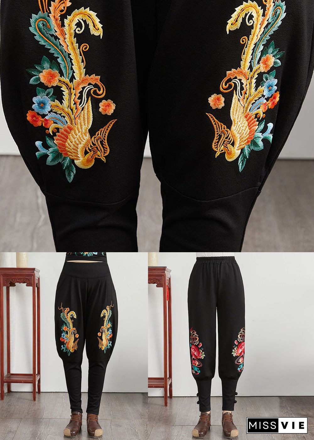 Loose Phoenix Embroideried Pockets Patchwork Cotton Pants Fall