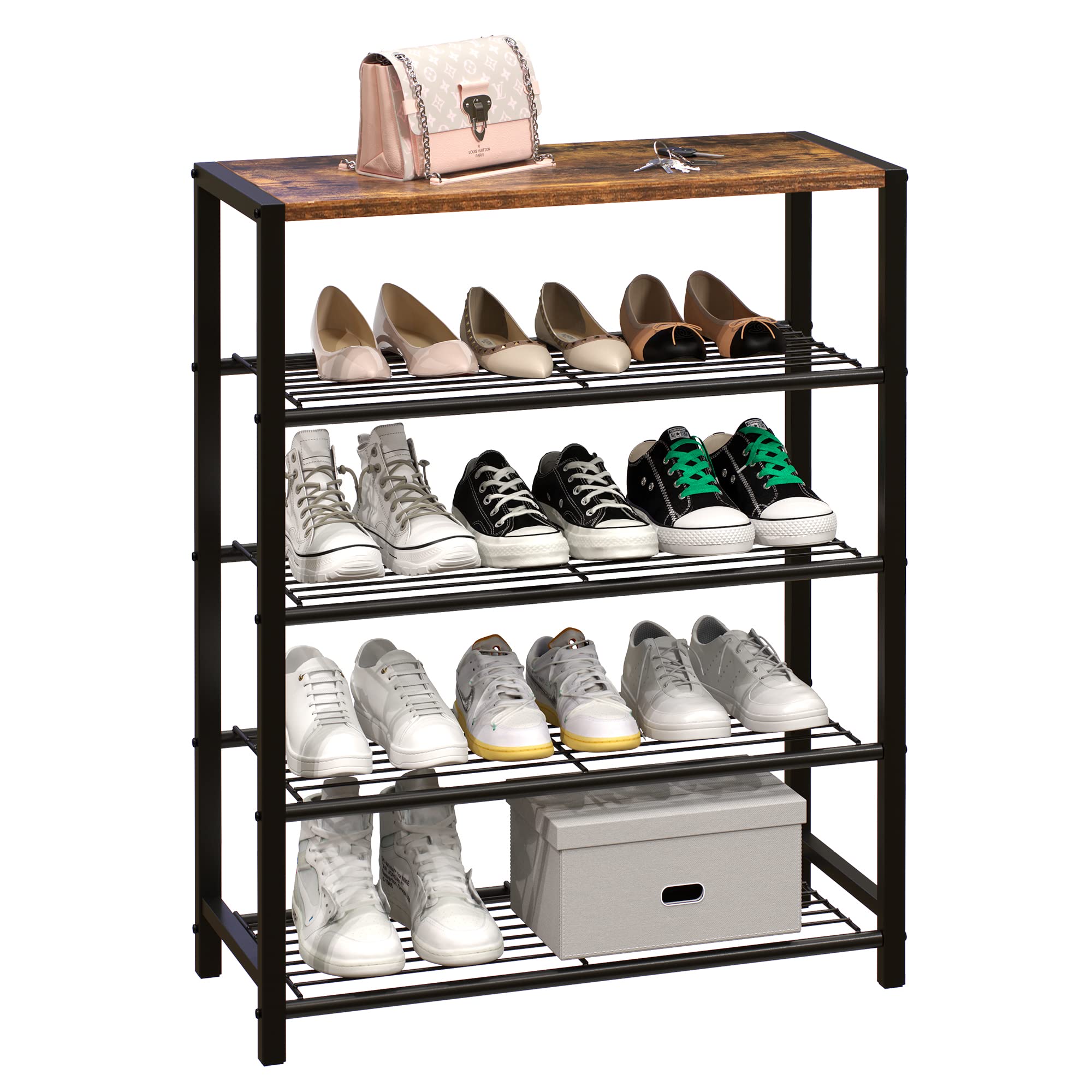 Yusong Shoe Rack， 5 Tier Shoe Organizer Storage for Closet Entryway， Narrow Tall Metal Shoe Shelves with Industrial Wooden Top， Rustic Brown and Black