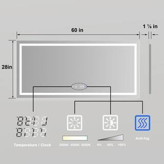 ES-DIY DELX 60 in. W x 28 in. H Large Rectangular Frameless LED Light Anti-Fog Wall Bathroom Vanity Mirror in Glass Polished KMJSBM6028FLALXX1