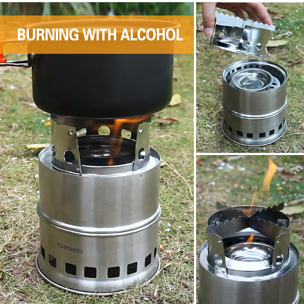 TOMSHOO Portable Folding Windproof Wood Burning Stove Compact Stainless Steel Alcohol Stove Outdoor Camping Hiking Backpacking Picnic BBQ