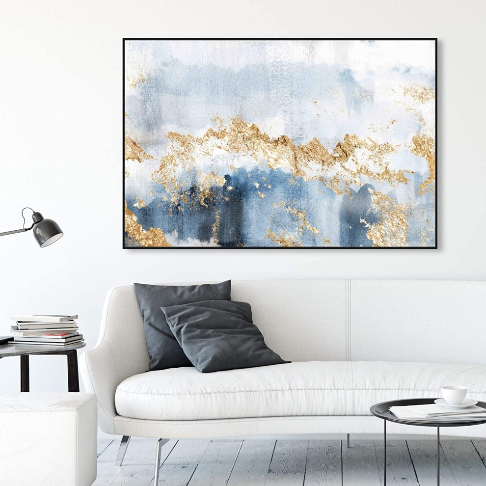 Modern Wall Art  Black Painted Frame With Abstract Painting  Blue  ampGold Tones   Transitional   Entertainment Centers And Tv Stands   by Decor Love  Houzz