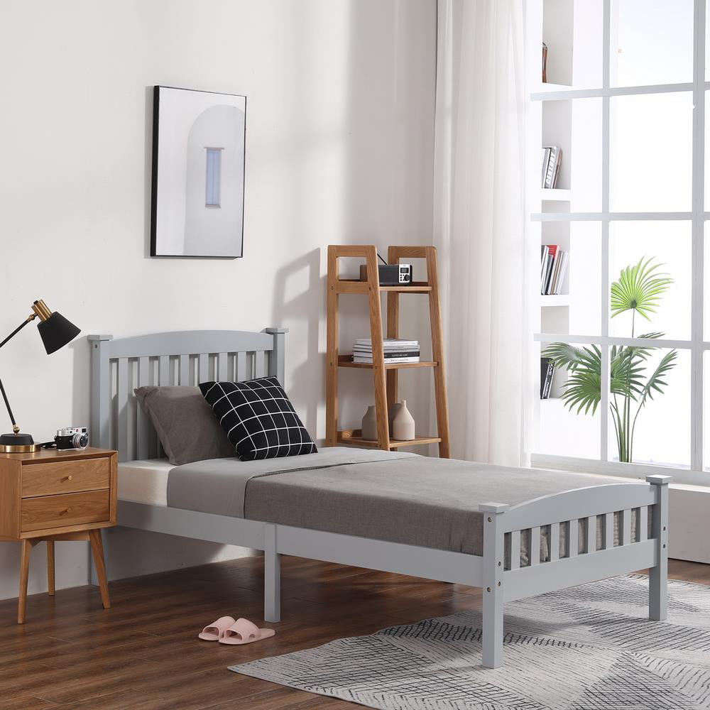 Ktaxon Twin Bed Frame,Solid Pine Wood Kids Twin Platform Bed Frame, Bedroom Twin Bed with Headboard for Adults, Gray, 78.94âL*42.44âW*39.17âH