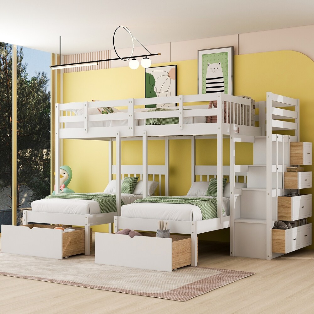 Triple Bunk Bed with Stairs   Storage  Full Over Twin   Twin Bunk Bed for 3  Wooden Bunk Bed with Drawers for Kids Teens Adults