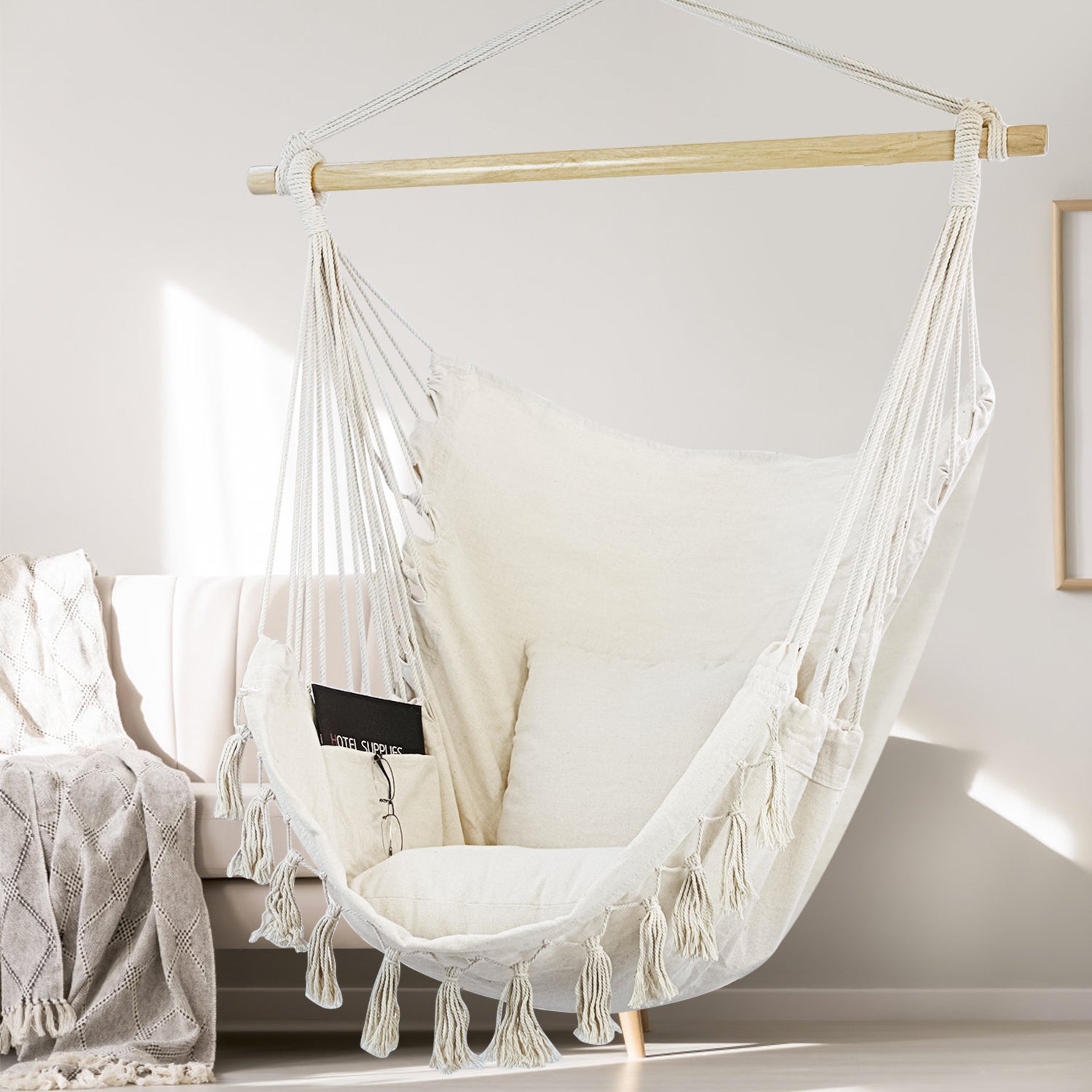 Indoor Outdoor Hammock Chair Swing with Hanging Hardware Kit - Beige, Cotton Canvas, Include Carry Bag & Two Seat Cushions