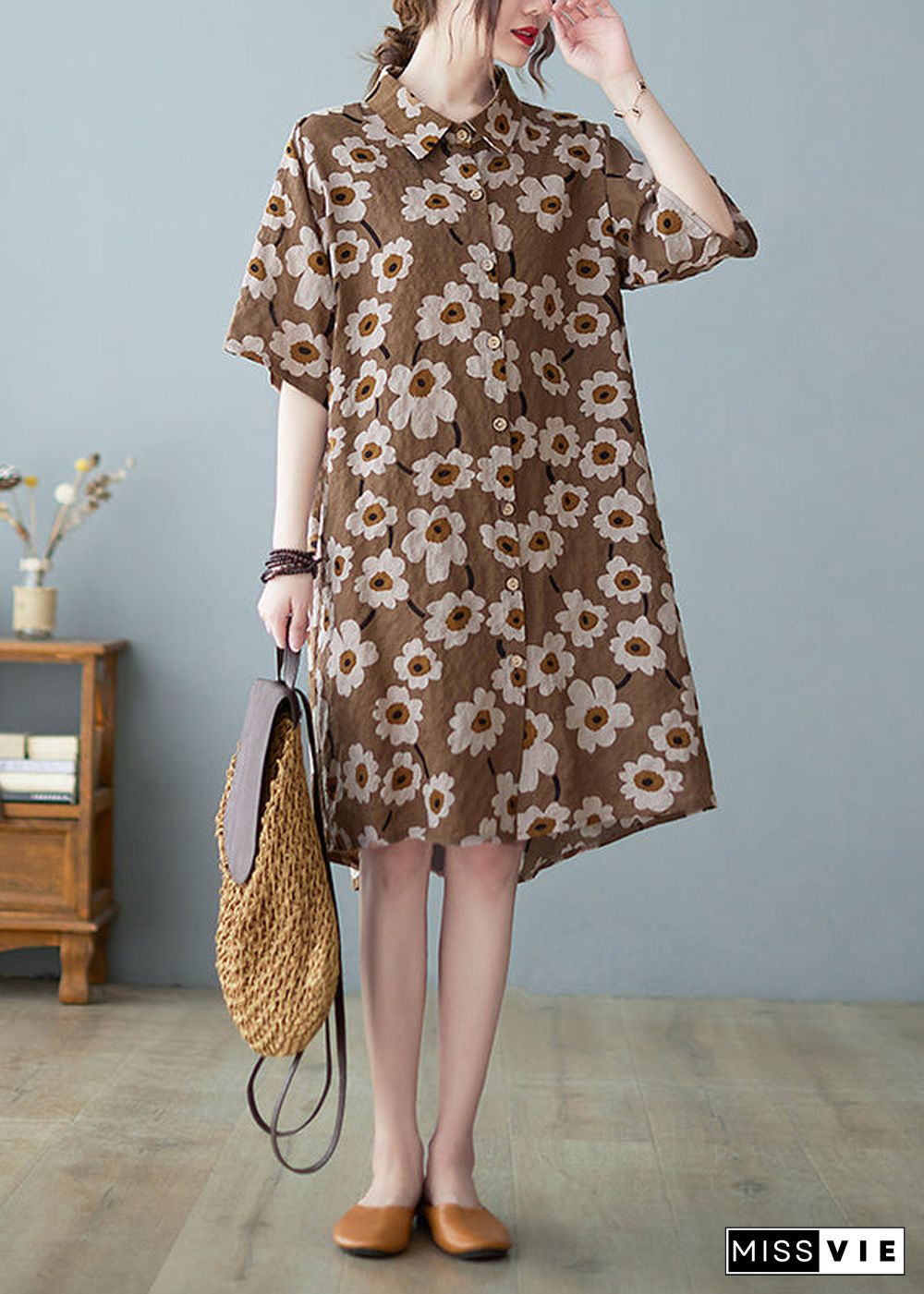 Modern Yellow Button Stand Collar Floral Print Party Dress Half Sleeve