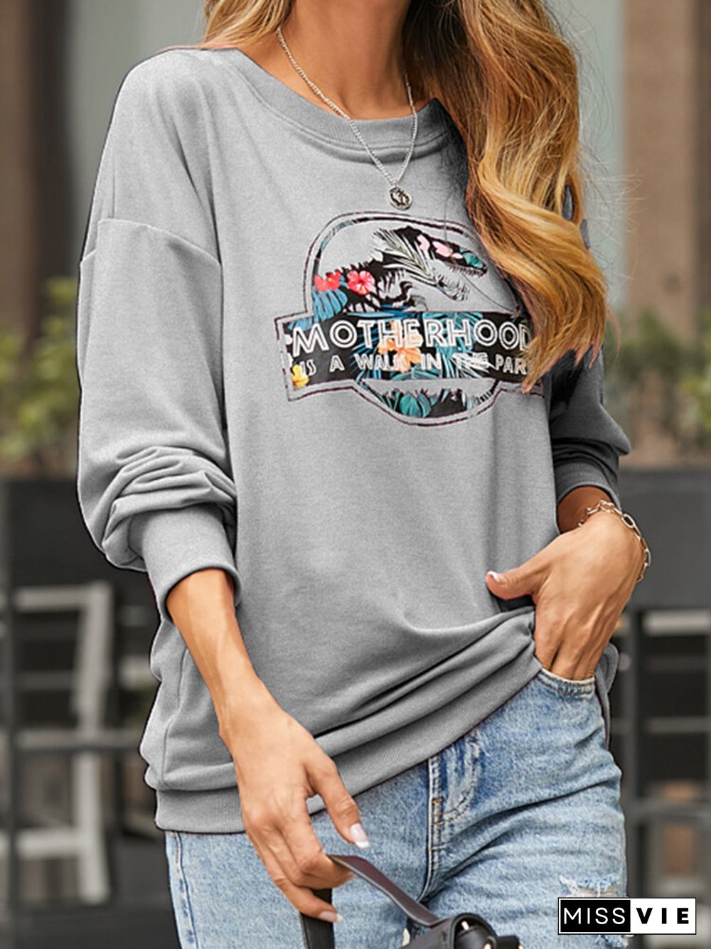 Cartoon Letters Print O-neck Long Sleeve Casual Sweatshirt For Women