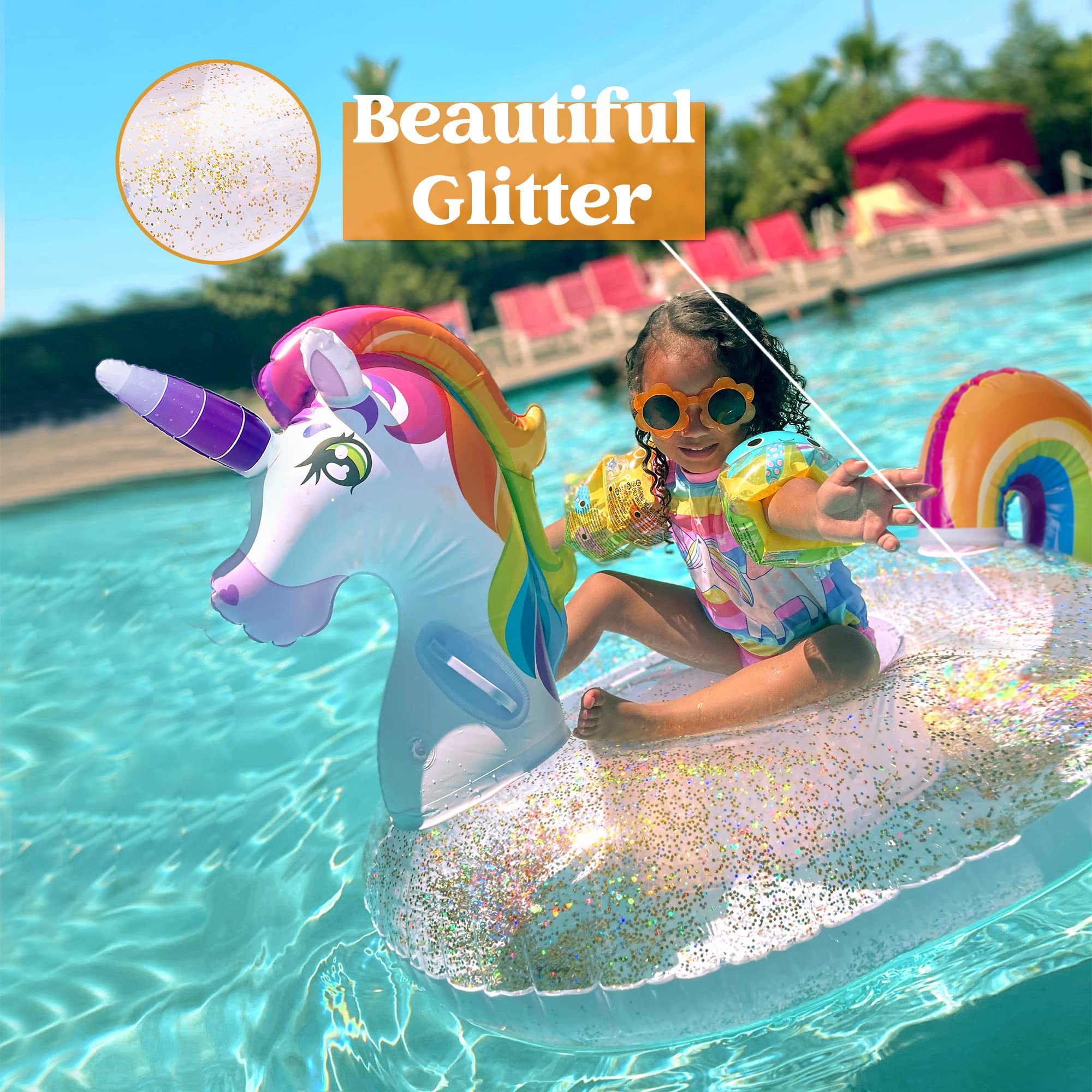 JOYIN Inflatable Unicorn Pool Float with Glitters, Fun Beach Floaties, Ride On Unicorn Raft, Pool Toys, Summer Party Lounge Raft Decorations for Kids (69” x 29.5” x33.5”)