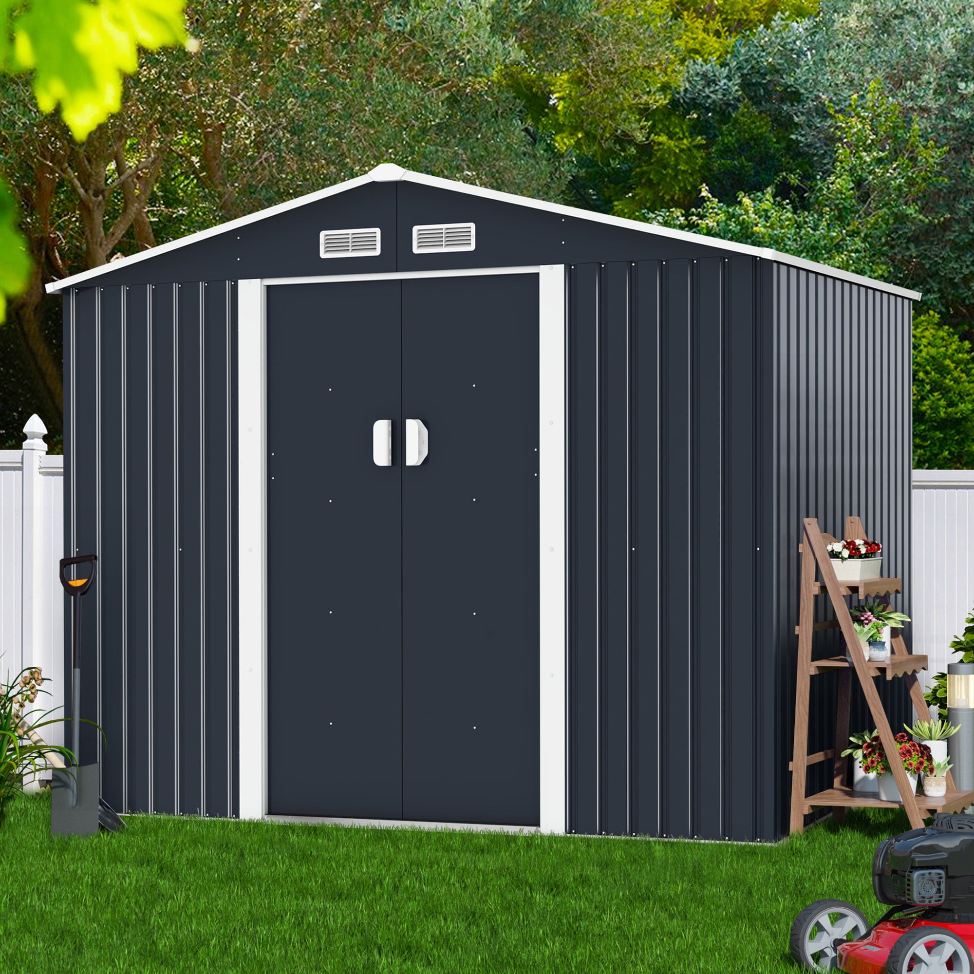 Jaxpety 6.3 x 9.1 ft Large Garden Storage Shed Galvanized Steel Outdoor Tool House with Sliding Door, Roof and 4 Vents, Dark Gray