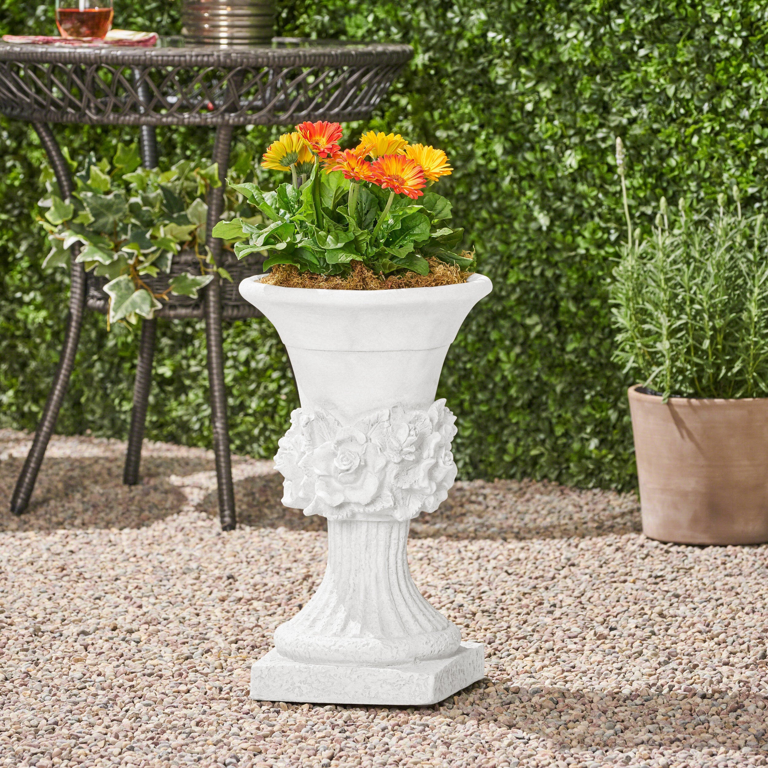 Michaelia Chalice Garden Urn Planter, Roman, Botanical, Lightweight Concrete