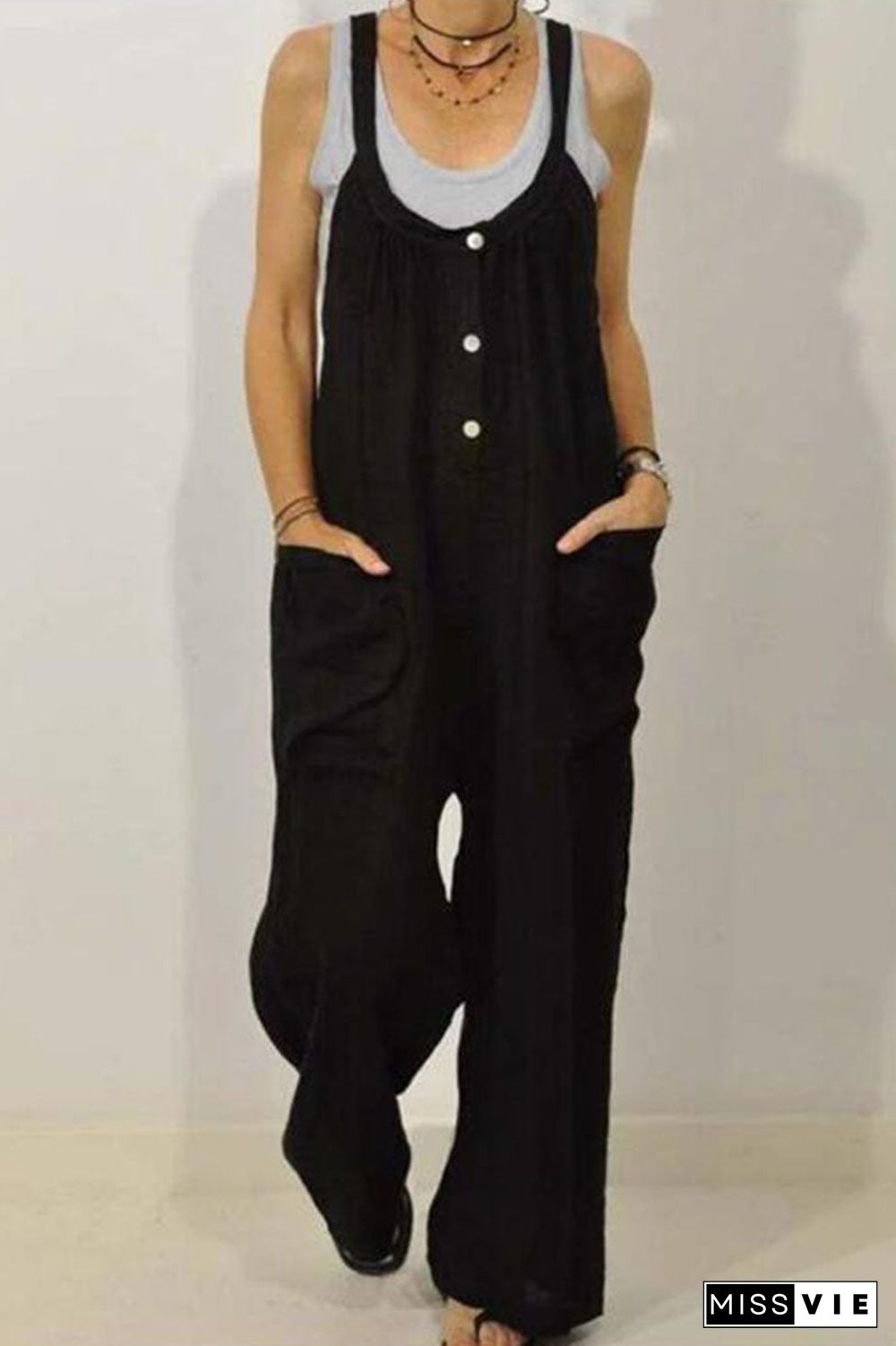 Casual Solid Pocket Spaghetti Strap Loose Jumpsuits