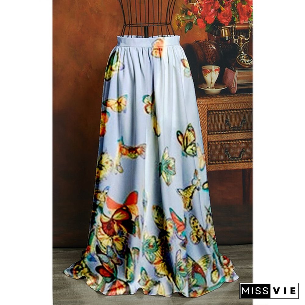 New Style Women Fashion Long Length Butterfly Printed Bohemian Style Vintage Pleated Skirts Summer Long Skirt