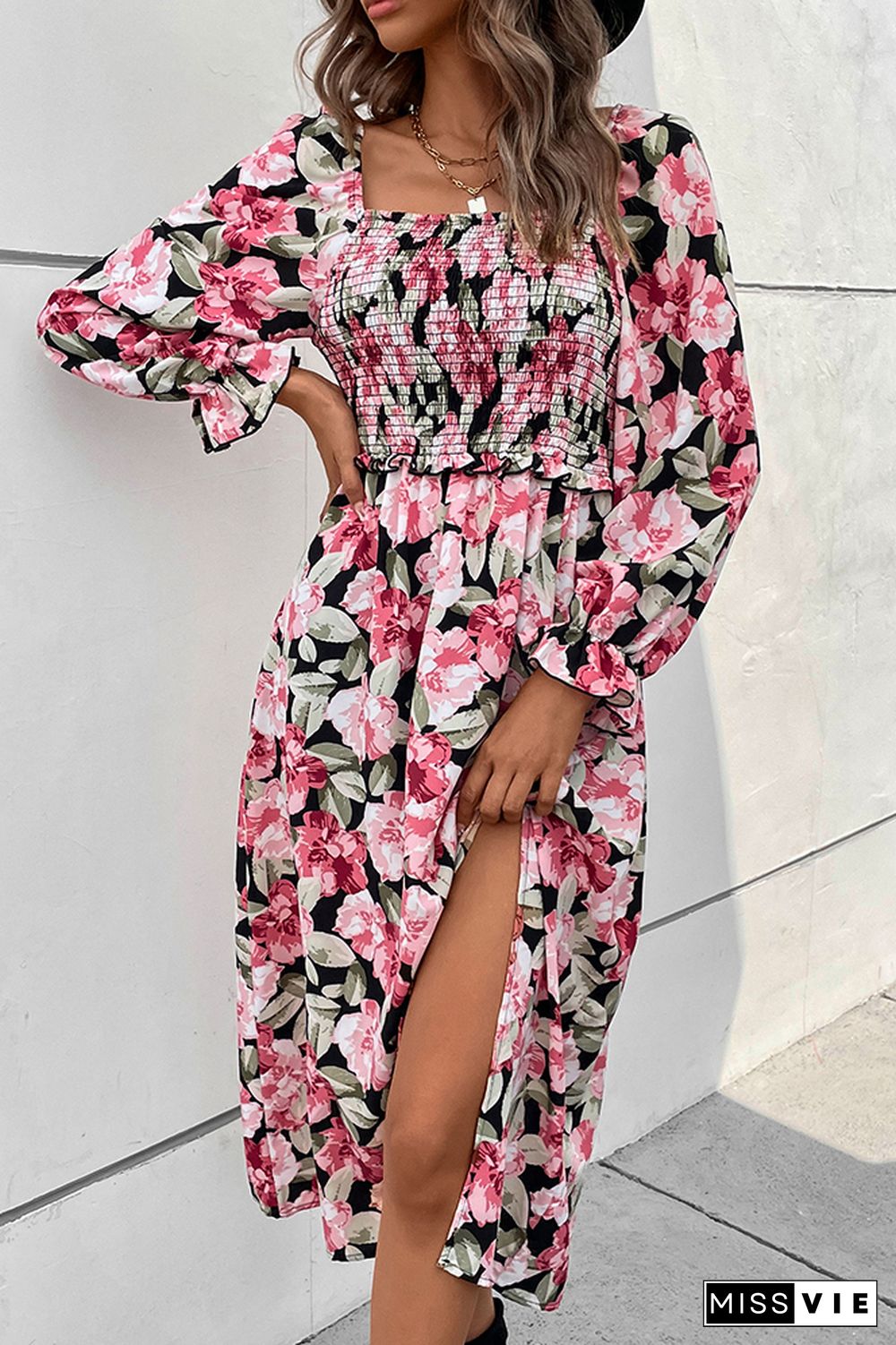 Puff Sleeve Square Neck Floral Split Dress