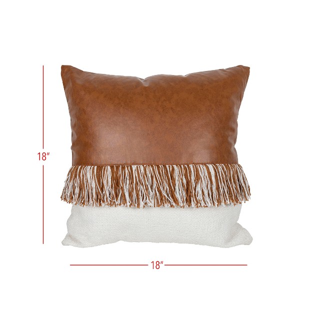 18x18 Inch Pillow Brown Cotton amp Faux Leather With Polyester Fill Foreside Home amp Garden