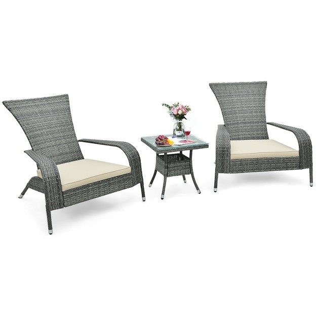 Tangkula 3 piece Wicker Adirondack Set Ergonomic Oversized Rattan Chairs W Coffee Table Comfy Seat Cushions