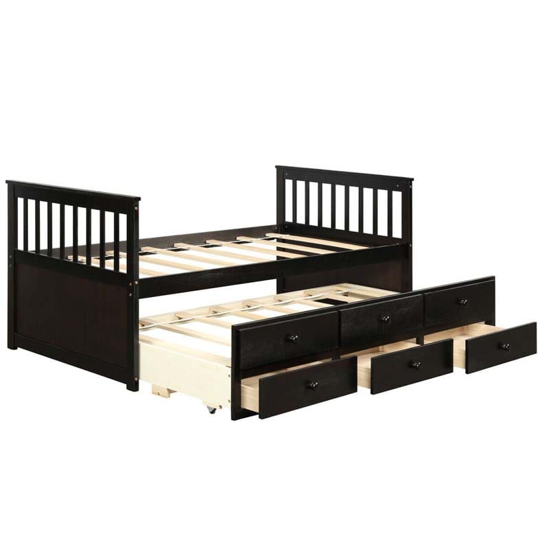 Twin Captain's Bed with Trundle Bed, Storage Daybed with 3 Drawers, Wooden Platform Bed for Kids Guests Sleepovers