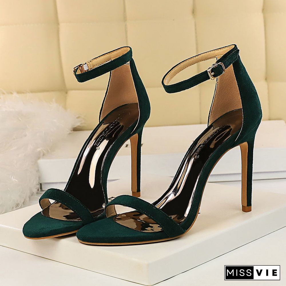 Women 10cm High Heels Flock Stripper Sandals Female Fetish Strappy Red Shoes Lady Valentine Green Summer Classic Sexy Pumps