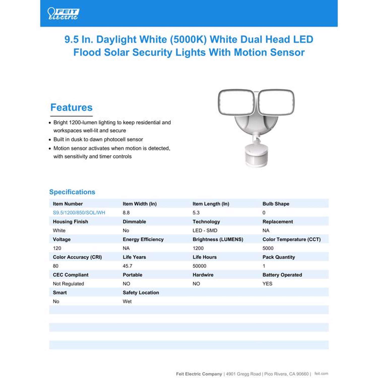 Feit LED Motion-Sensing Solar Powered LED White Security Floodlight