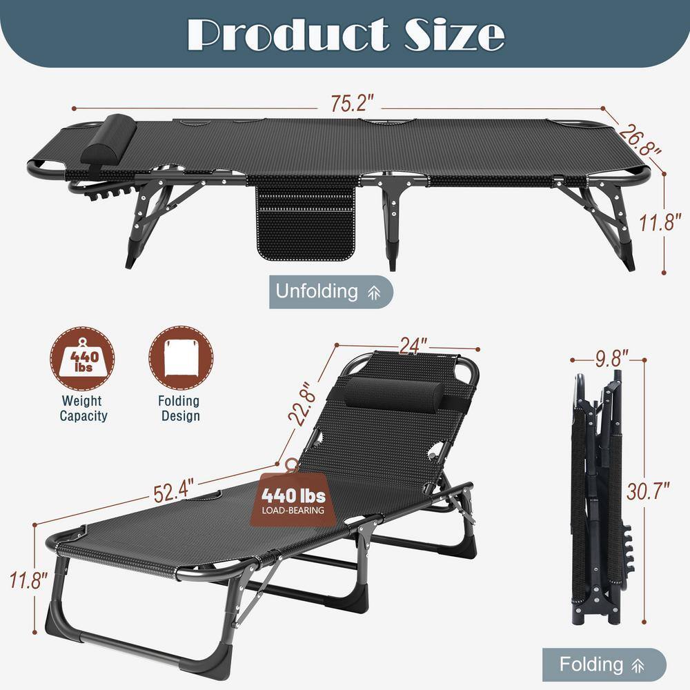 BOZTIY Portable Folding Camping Cot Bed Adjustable 4-Position Reclining Folding Chaise with Pillow Portable Lounge Chair K16SZC-N27