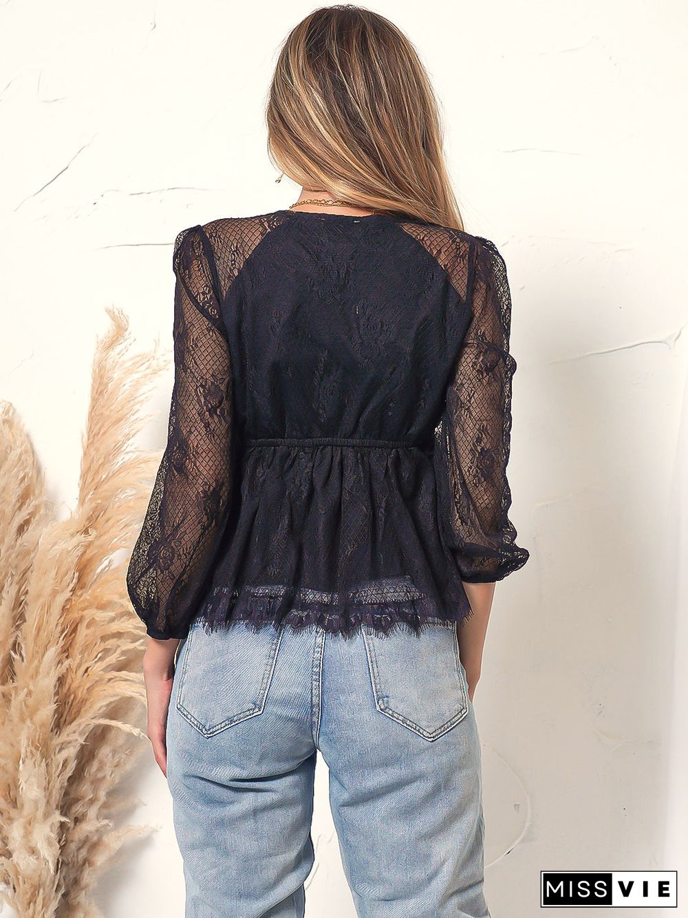 Plunge Neck Lace Detail Blouse