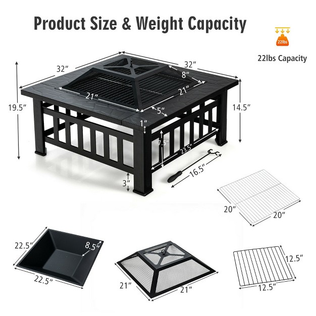 Costway 32 x27 x27 3 In 1 Outdoor Square Fire Pit Table W Bbq Grill Rain Cover For Camping