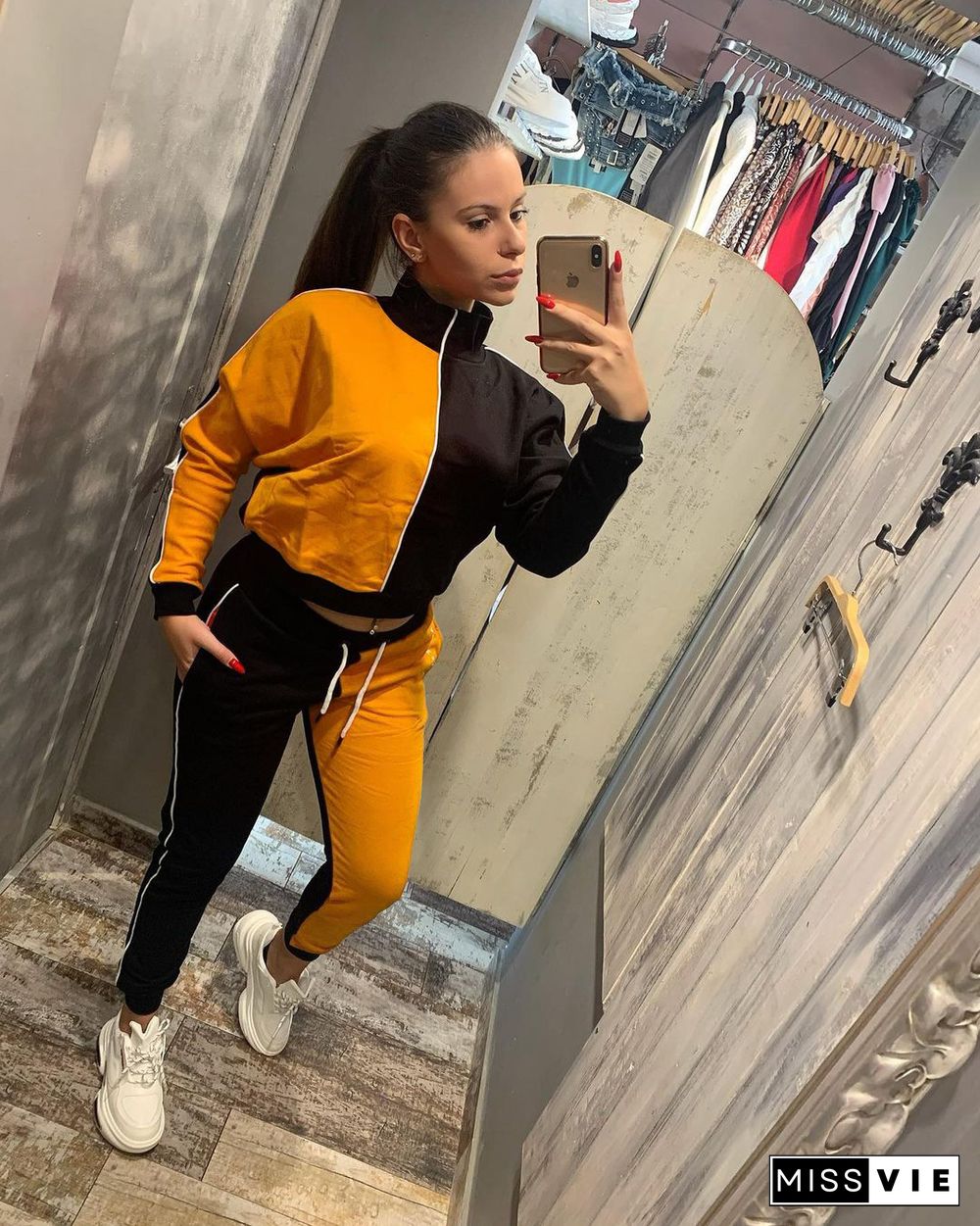 Color Contrast Zip Jacket Sporty Pants Two Piece Set