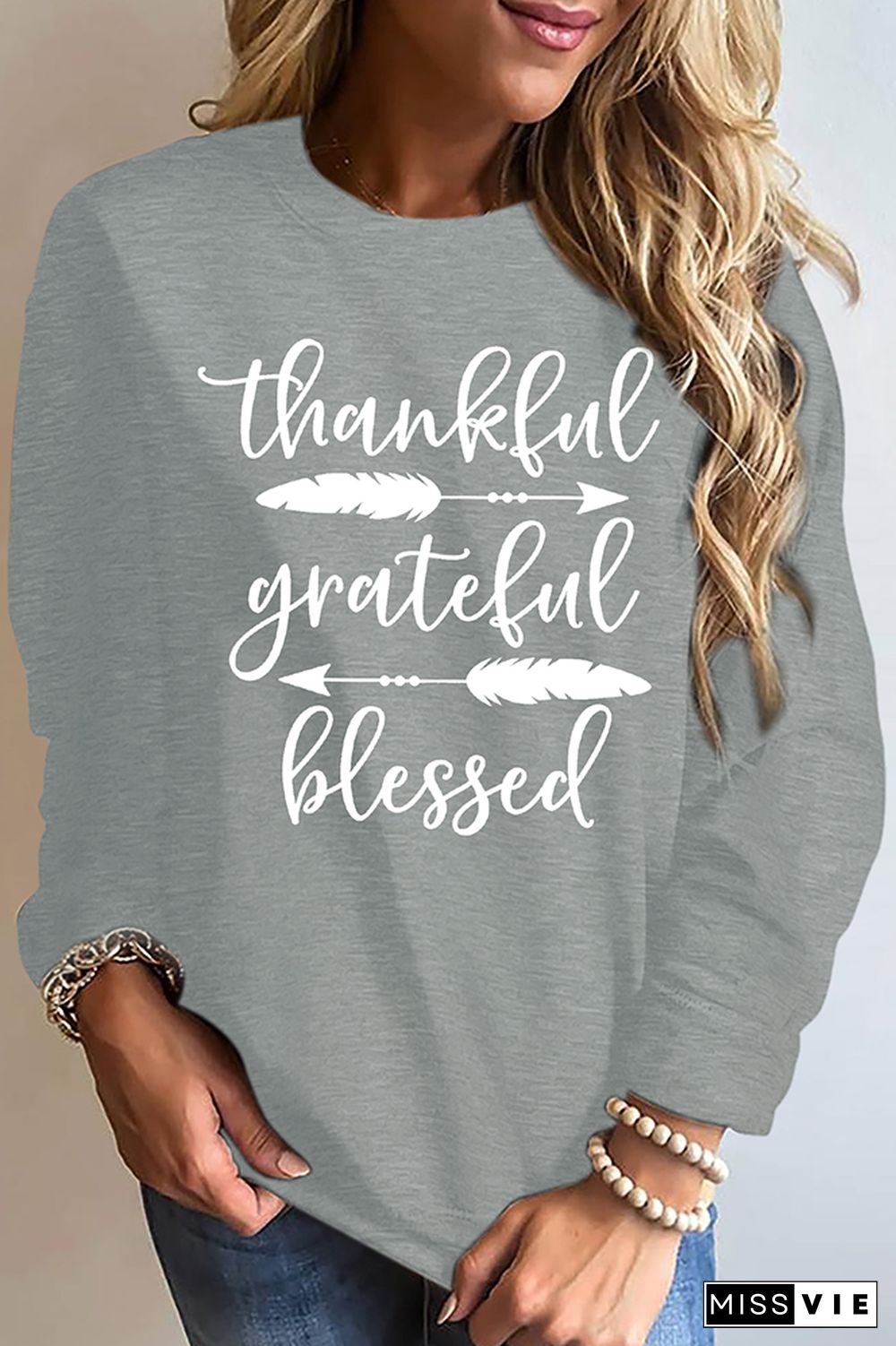 Thankful Grateful Blessed Print Essencial O-neck Long Sleeve Sweatshirts Women Wholesale