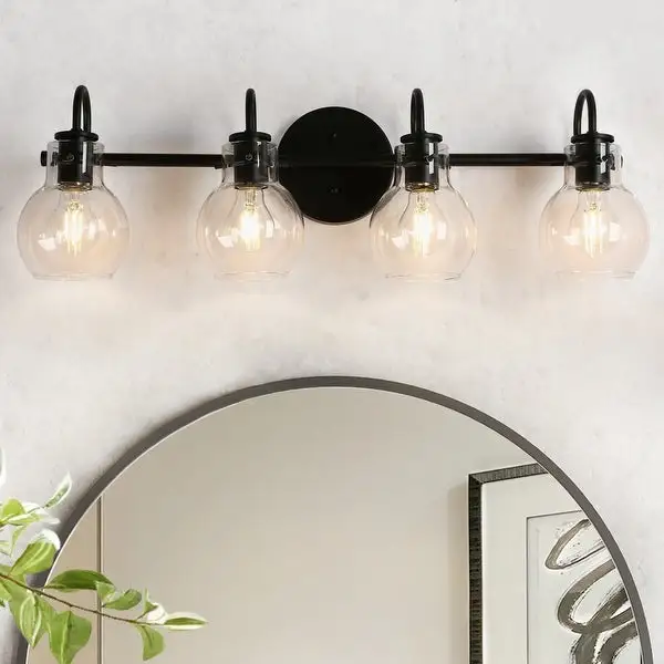 Olia Mid-Century Modern Black Linear Bathroom Vanity Lights Dimmable Clear Glass Wall Sconces