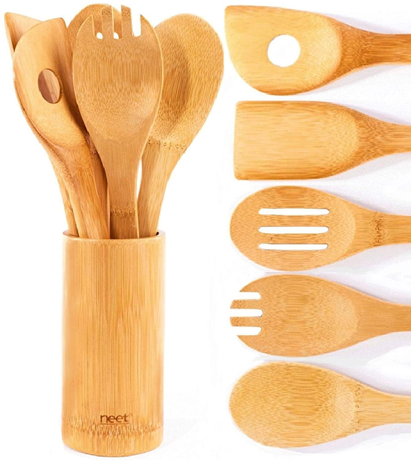 Wooden Spoons For Cooking 6 Piece Organic Bamboo Utensil Set With Holder Wood Kitchen Utensils Spatula Spoon For High Heat Stirring In Nonstick Pots & Pans