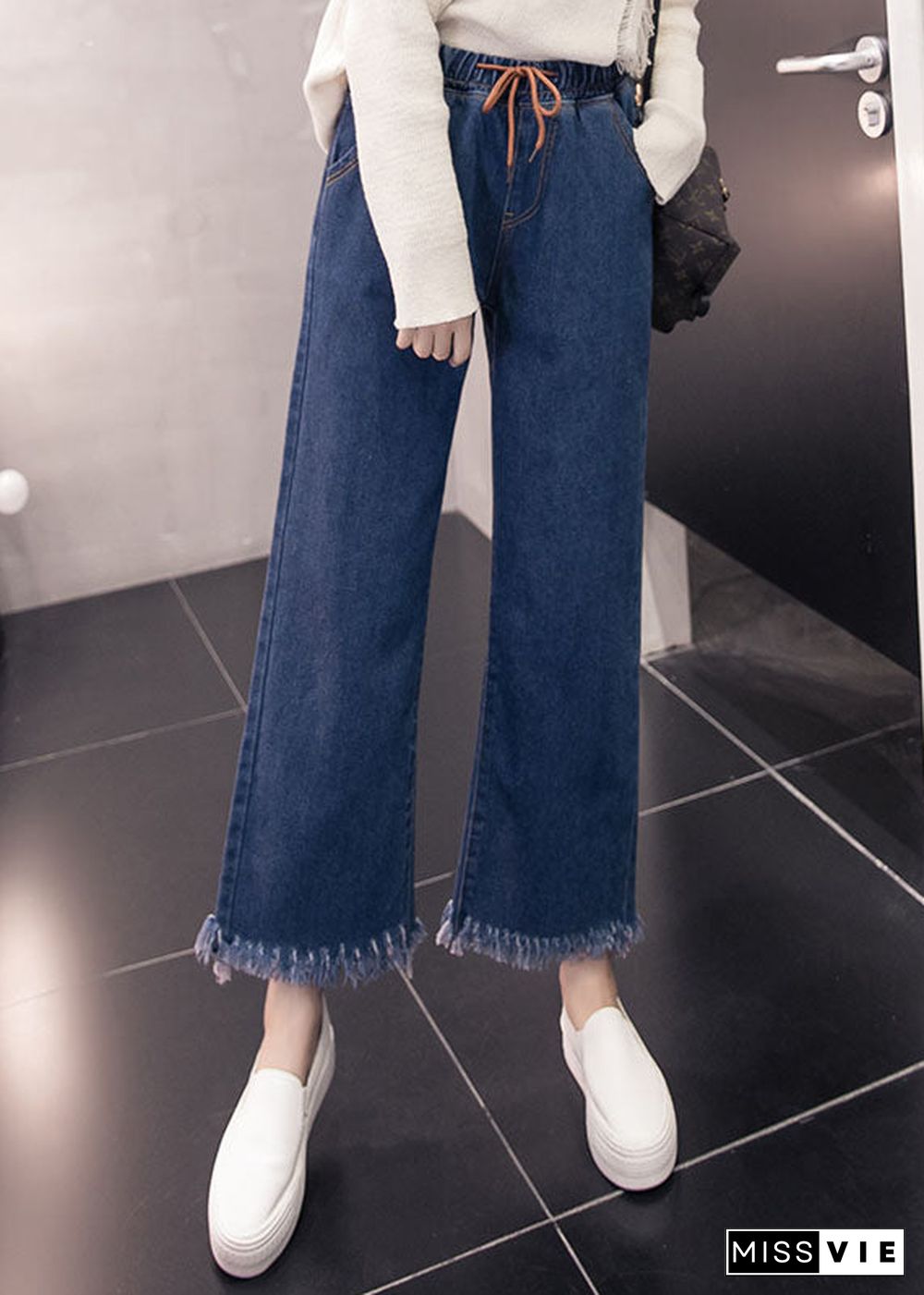 Loose Denim Blue Elastic Waist Drawstring Tassel Pockets Cotton Wide Leg Pants Summer