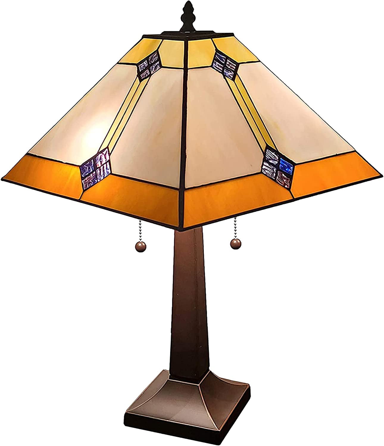 SHADY Vintage Tiffany Table Lamp -Geometric  Table Night Light -Yellow and Brown Glass Nightstand Lamp -21\u201D Tall Stained Glass Lamp