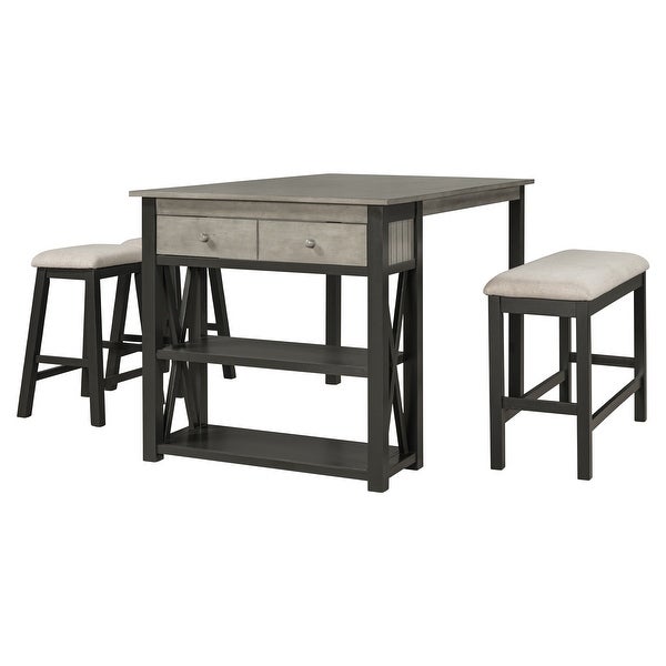 4-Piece Dining Table and Chair Set Counter Height with Storage Rack and Drawer with 2 Stools and Benches for Kitchen