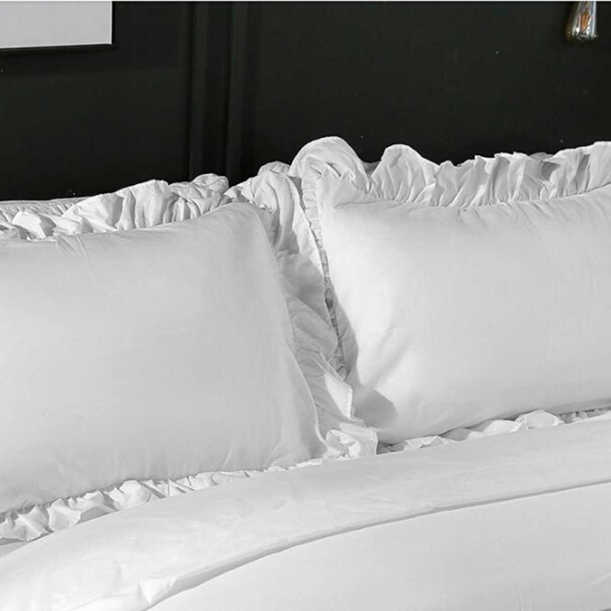 One opening Ruffle Pillow Shams Decorative White Cotton Pillowcases with Invisible Zipper for Bed