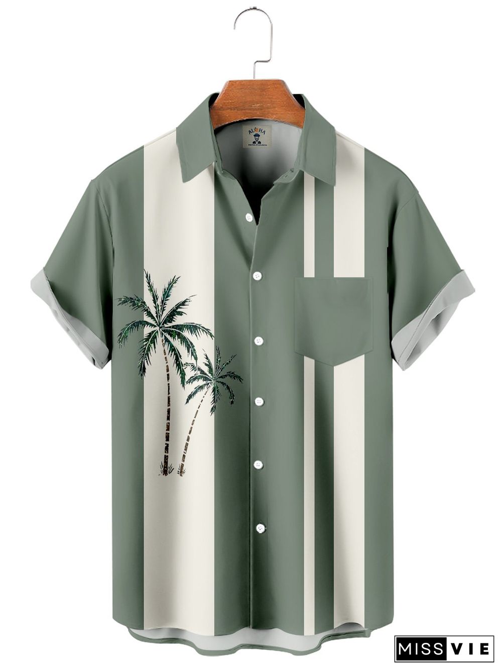 Men's Casual Everyday Hawaiian Palm Tree Print Bowling Shirt