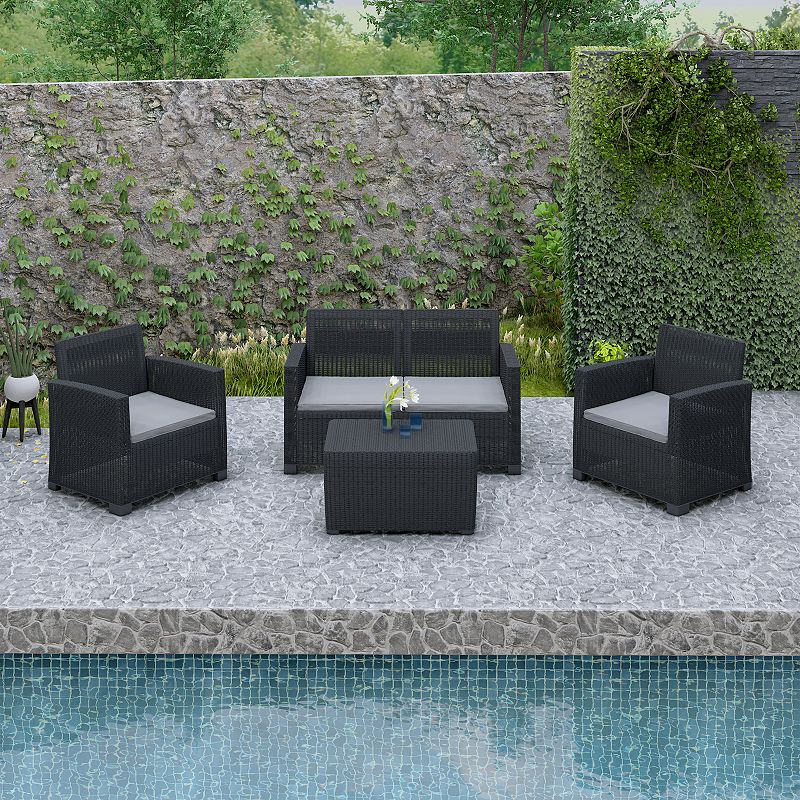 Dukap Alta All Weather Faux Rattan Loveseat， Chair and Coffee Table 4-piece Set