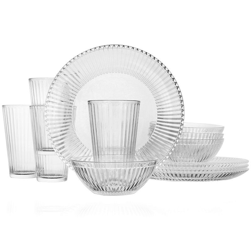 Gibson Home Clearview Stripes 12 Piece Embossed Glass Dinnerware Set